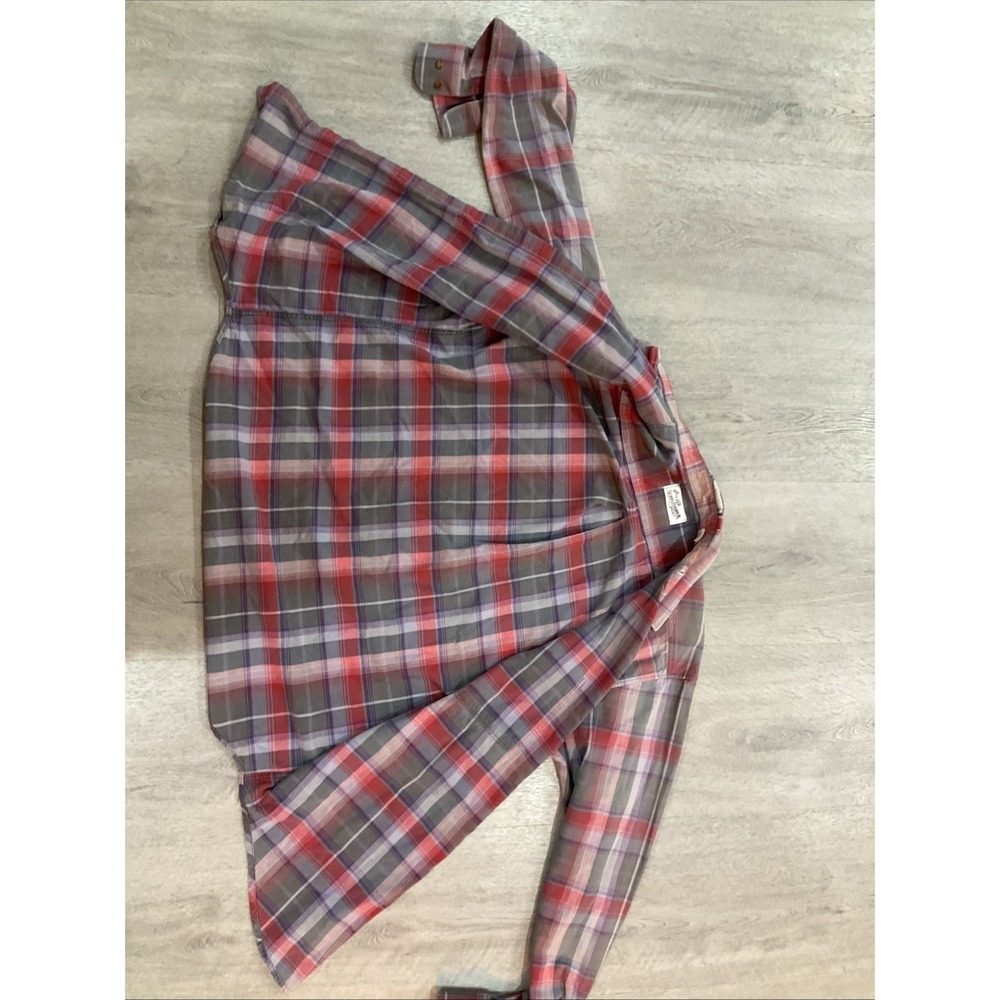 Vintage Sears Roebuck Men Large Plaid Button-Up Shirt Gray Red